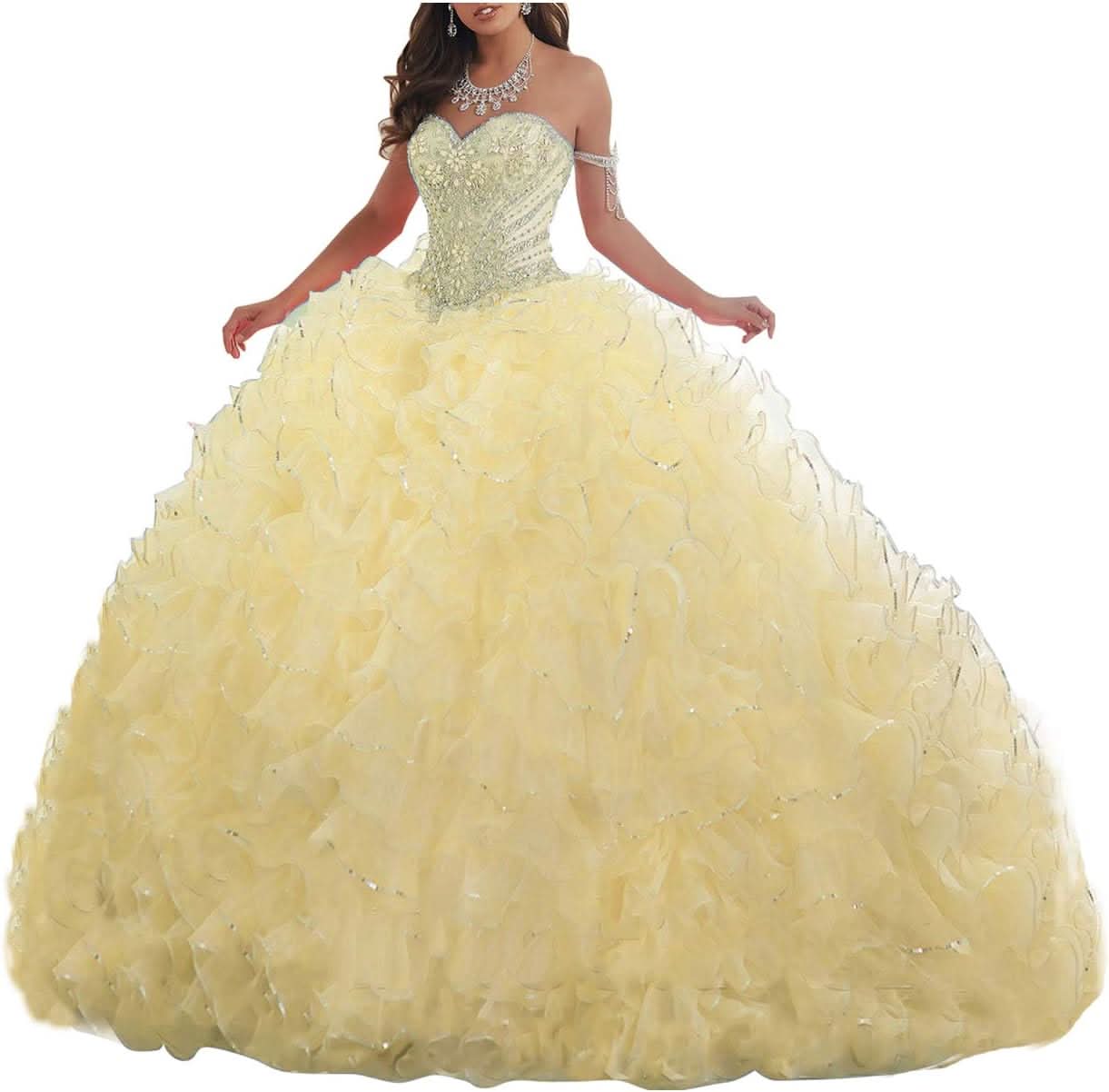 Women's Organza Ruffles Quinceanera Beaded Sweetheart Prom Ball Gown - Bmbride