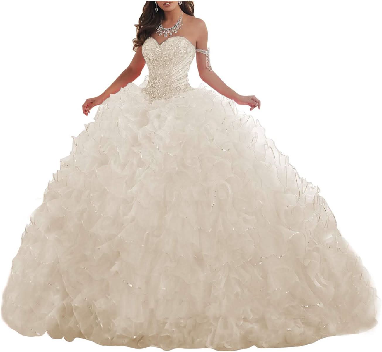 Women's Organza Ruffles Quinceanera Beaded Sweetheart Prom Ball Gown - Bmbride