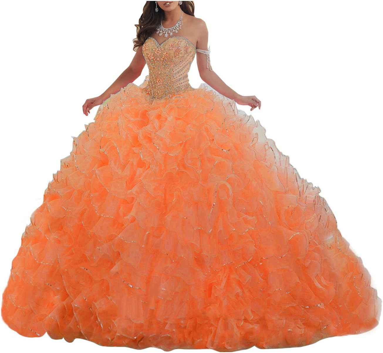 Women's Organza Ruffles Quinceanera Beaded Sweetheart Prom Ball Gown - Bmbride