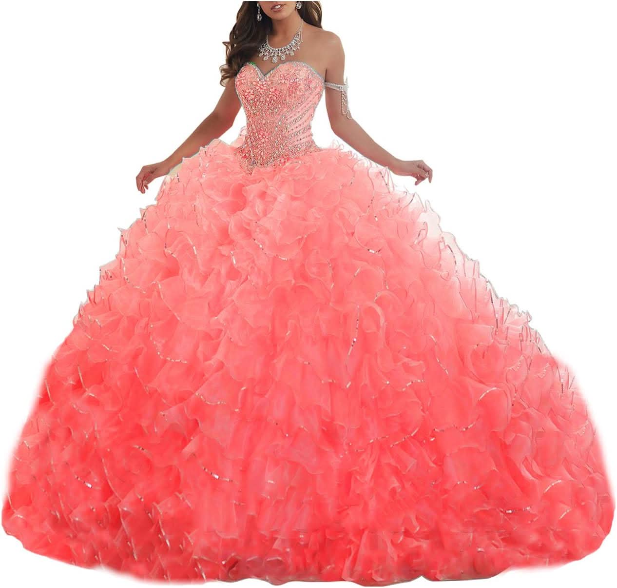 Women's Organza Ruffles Quinceanera Beaded Sweetheart Prom Ball Gown - Bmbride