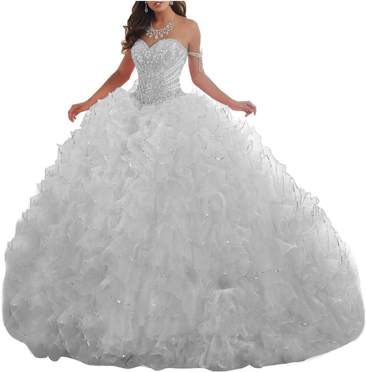 Women's Organza Ruffles Quinceanera Beaded Sweetheart Prom Ball Gown - Bmbride