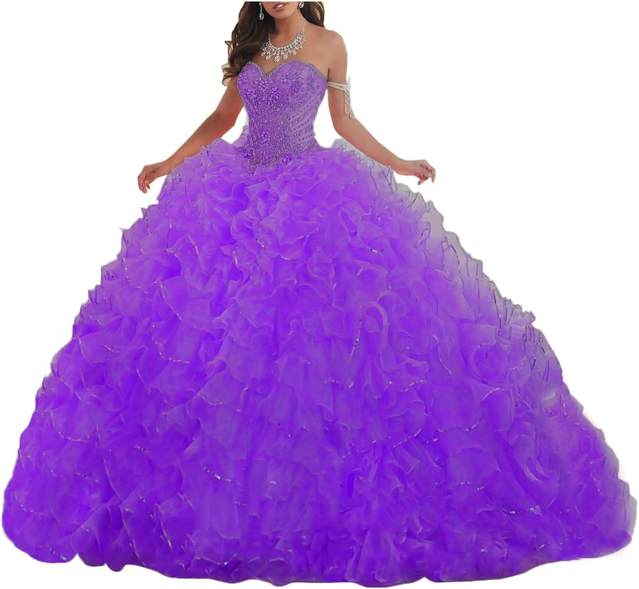 Women's Organza Ruffles Quinceanera Beaded Sweetheart Prom Ball Gown - Bmbride