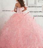 Women's Organza Ruffles Quinceanera Beaded Sweetheart Prom Ball Gown - Bmbride