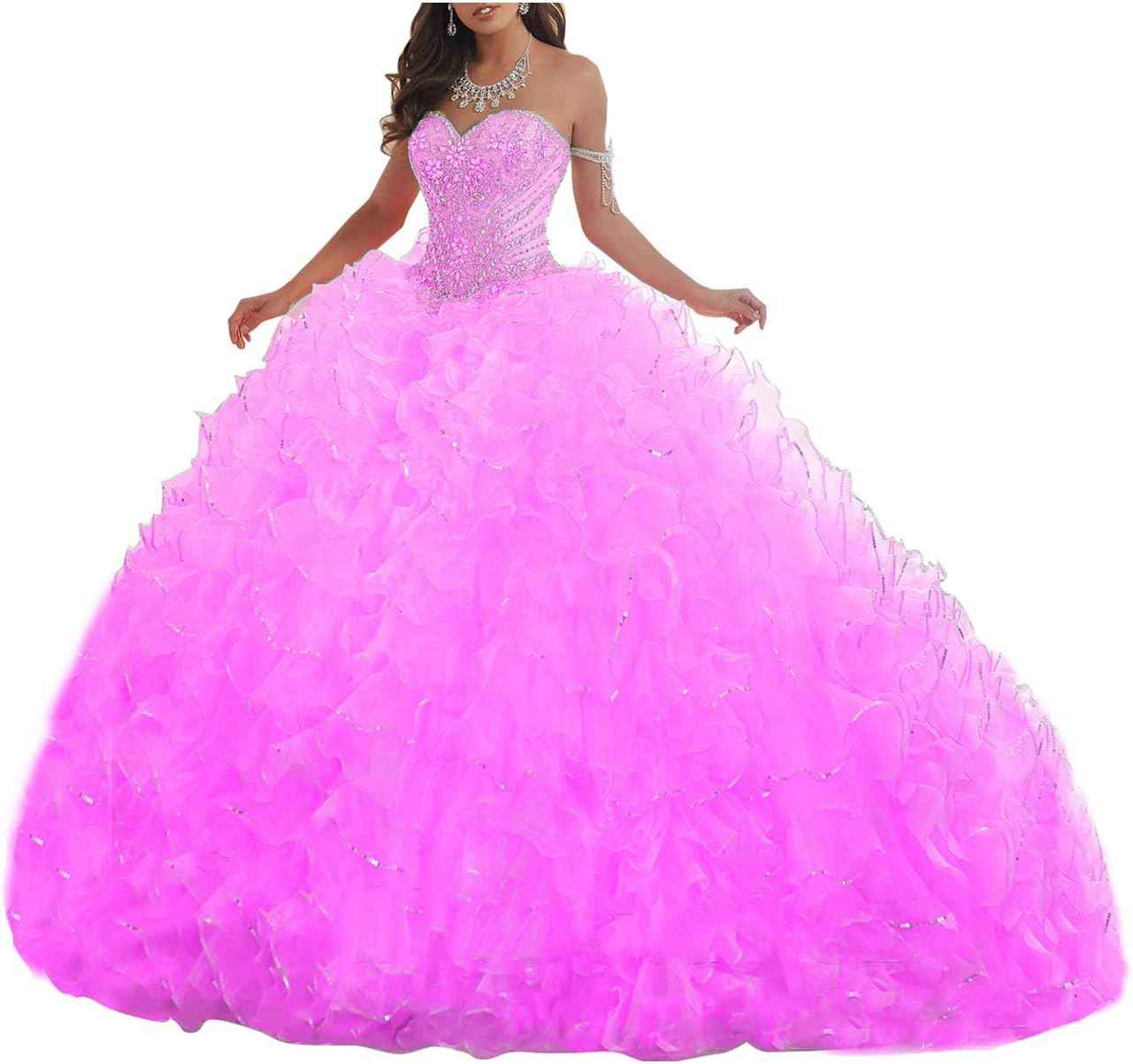 Women's Organza Ruffles Quinceanera Beaded Sweetheart Prom Ball Gown - Bmbride