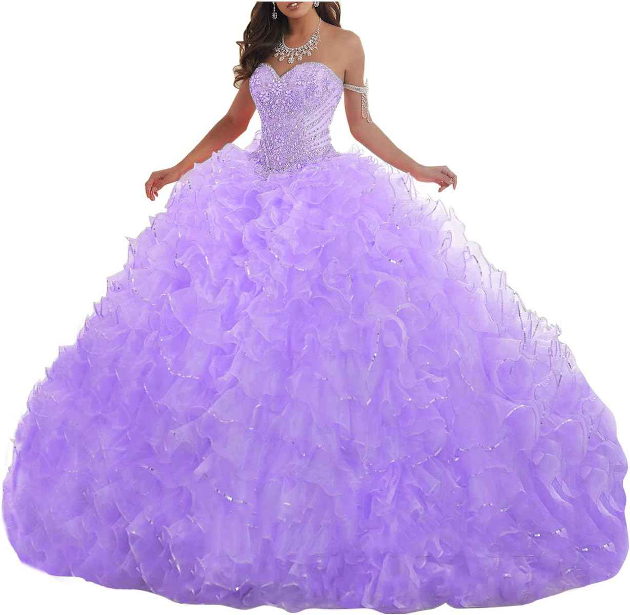 Women's Organza Ruffles Quinceanera Beaded Sweetheart Prom Ball Gown - Bmbride