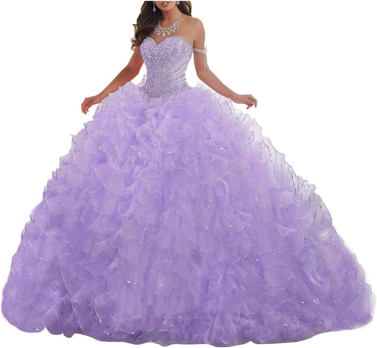 Women's Organza Ruffles Quinceanera Beaded Sweetheart Prom Ball Gown - Bmbride