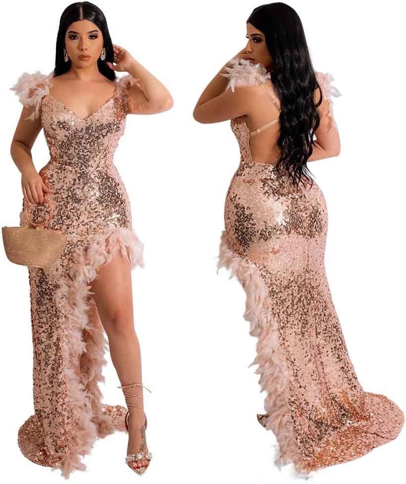 Women's Sexy Sequin Feather Prom Dresses 2025 High Slit Deep V Neck Evening Formal Masquerade Ball Gown Maxi Dress - Bmbride