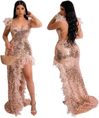 Women's Sexy Sequin Feather Prom Dresses 2025 High Slit Deep V Neck Evening Formal Masquerade Ball Gown Maxi Dress - Bmbride