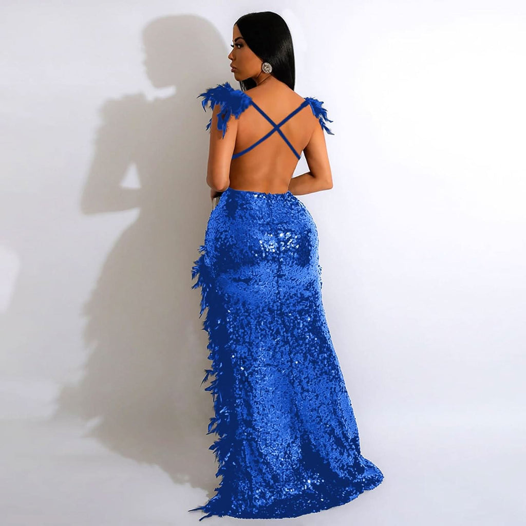 Women's Sexy Sequin Feather Prom Dresses 2025 High Slit Deep V Neck Evening Formal Masquerade Ball Gown Maxi Dress - Bmbride