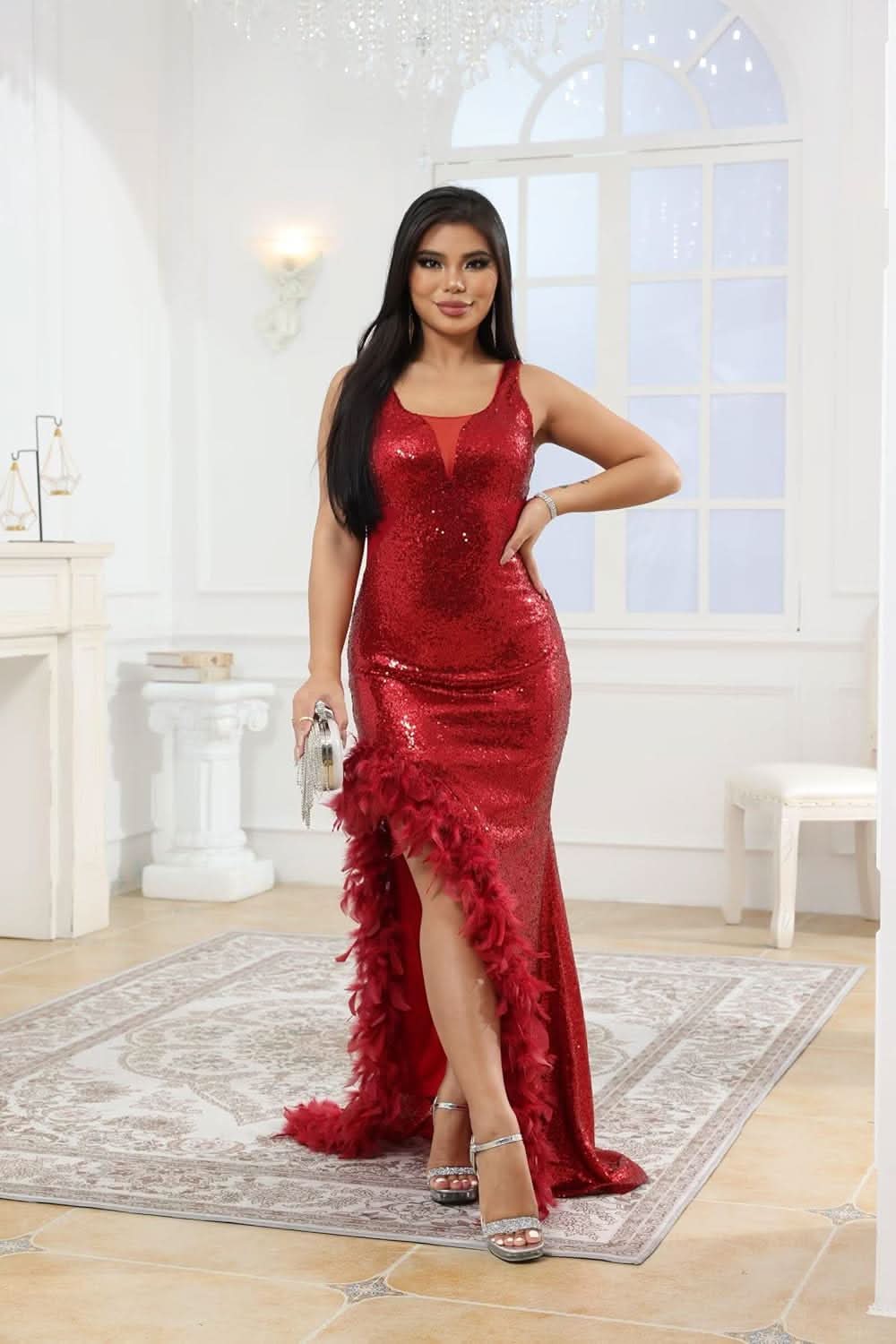 Women's Sexy Sequin Feather Prom Dresses 2025 High Slit Deep V Neck Evening Formal Masquerade Ball Gown Maxi Dress - Bmbride