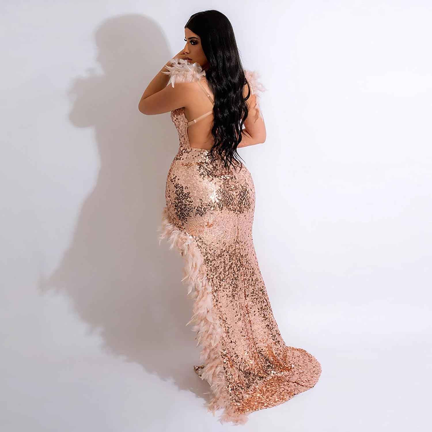 Women's Sexy Sequin Feather Prom Dresses 2025 High Slit Deep V Neck Evening Formal Masquerade Ball Gown Maxi Dress - Bmbride