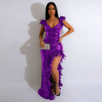 Women's Sexy Sequin Feather Prom Dresses 2025 High Slit Deep V Neck Evening Formal Masquerade Ball Gown Maxi Dress - Bmbride