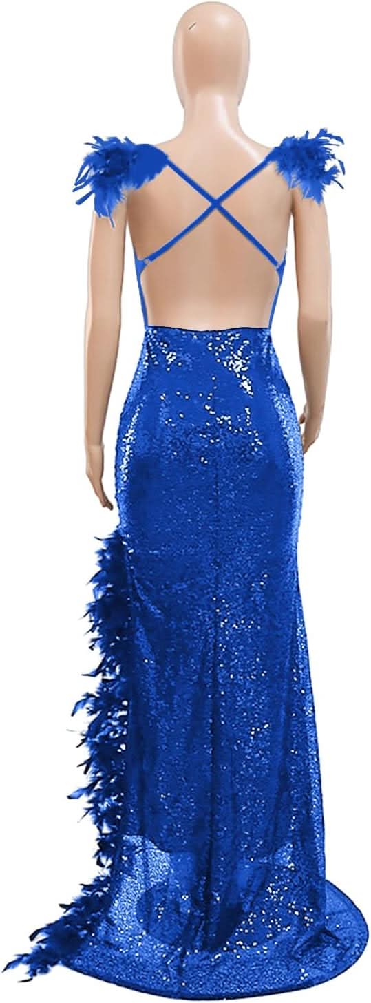 Women's Sexy Sequin Feather Prom Dresses 2025 High Slit Deep V Neck Evening Formal Masquerade Ball Gown Maxi Dress - Bmbride