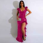 Women's Sexy Sequin Feather Prom Dresses 2025 High Slit Deep V Neck Evening Formal Masquerade Ball Gown Maxi Dress - Bmbride