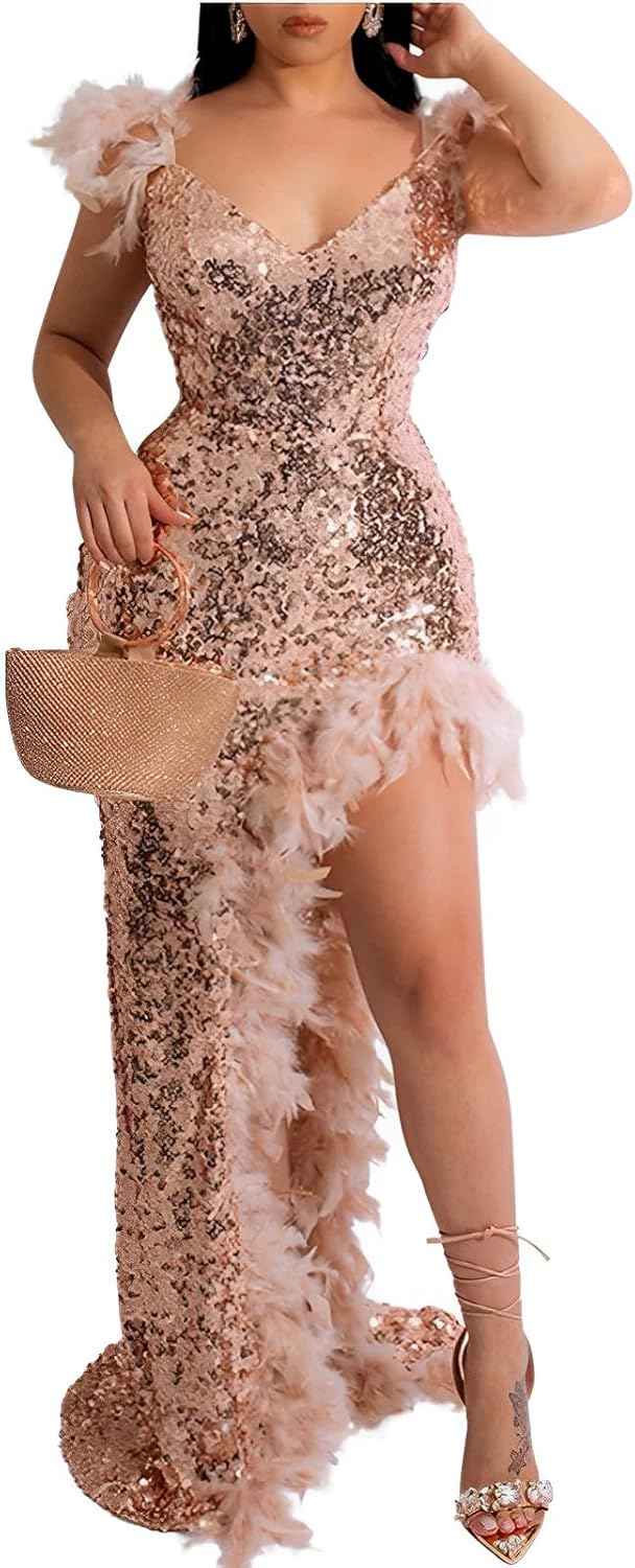 Women's Sexy Sequin Feather Prom Dresses 2025 High Slit Deep V Neck Evening Formal Masquerade Ball Gown Maxi Dress - Bmbride