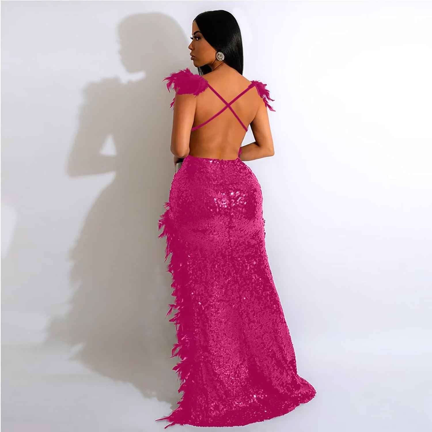 Women's Sexy Sequin Feather Prom Dresses 2025 High Slit Deep V Neck Evening Formal Masquerade Ball Gown Maxi Dress - Bmbride