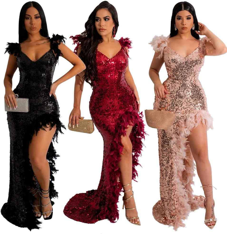 Women's Sexy Sequin Feather Prom Dresses 2025 High Slit Deep V Neck Evening Formal Masquerade Ball Gown Maxi Dress - Bmbride