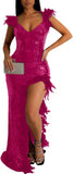 Women's Sexy Sequin Feather Prom Dresses 2025 High Slit Deep V Neck Evening Formal Masquerade Ball Gown Maxi Dress - Bmbride