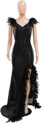Women's Sexy Sequin Feather Prom Dresses 2025 High Slit Deep V Neck Evening Formal Masquerade Ball Gown Maxi Dress - Bmbride