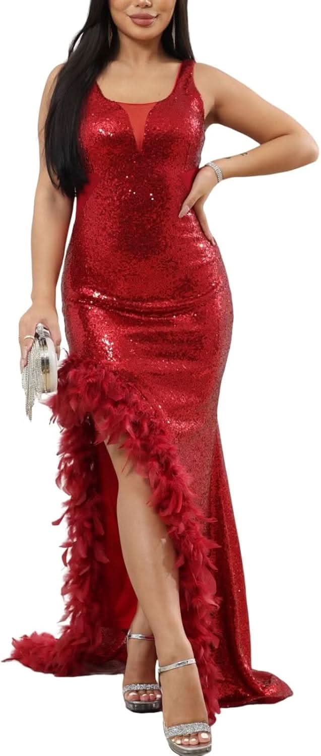 Women's Sexy Sequin Feather Prom Dresses 2025 High Slit Deep V Neck Evening Formal Masquerade Ball Gown Maxi Dress - Bmbride