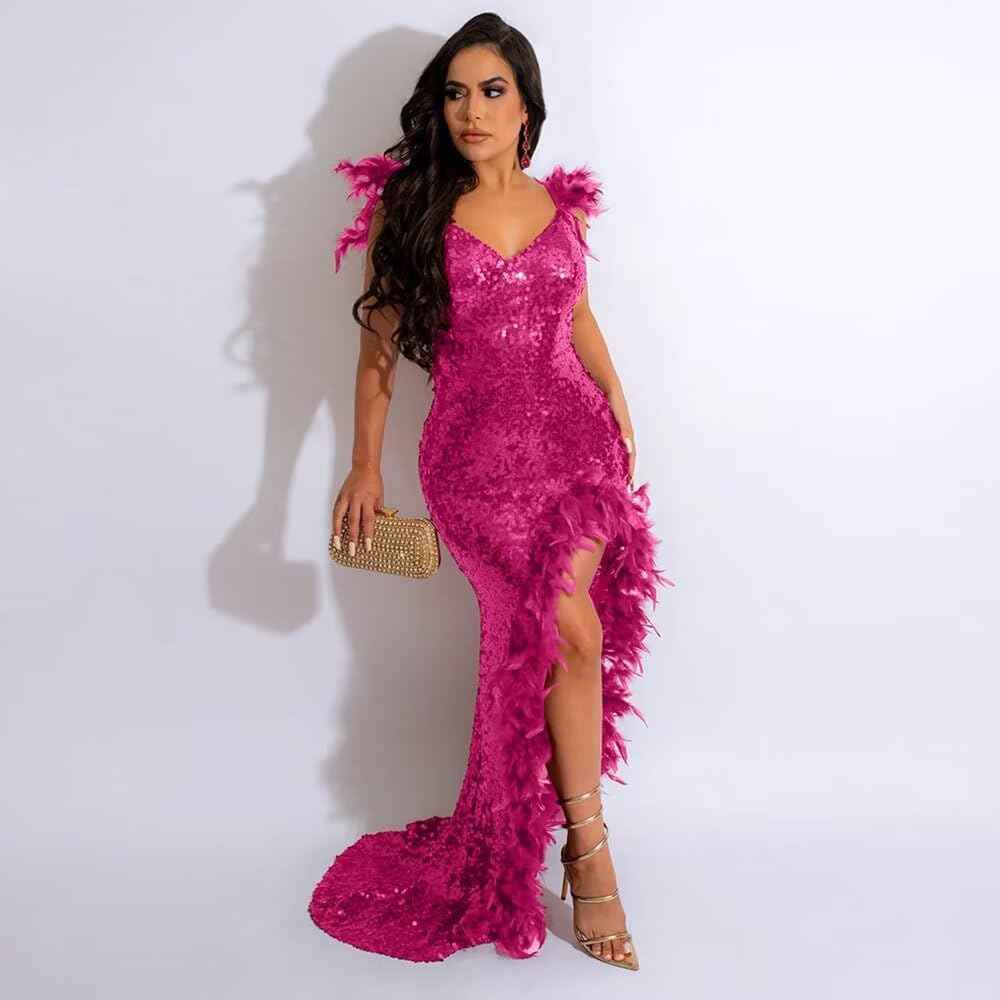 Women's Sexy Sequin Feather Prom Dresses 2025 High Slit Deep V Neck Evening Formal Masquerade Ball Gown Maxi Dress - Bmbride