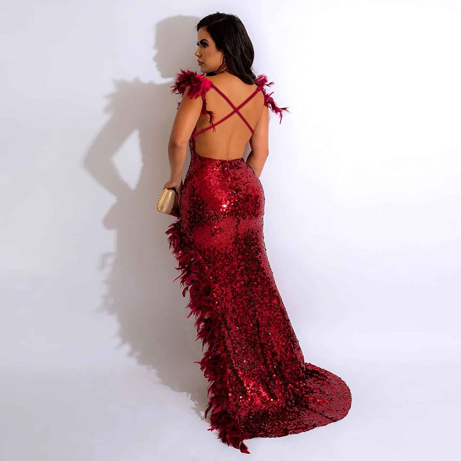 Women's Sexy Sequin Feather Prom Dresses 2025 High Slit Deep V Neck Evening Formal Masquerade Ball Gown Maxi Dress - Bmbride