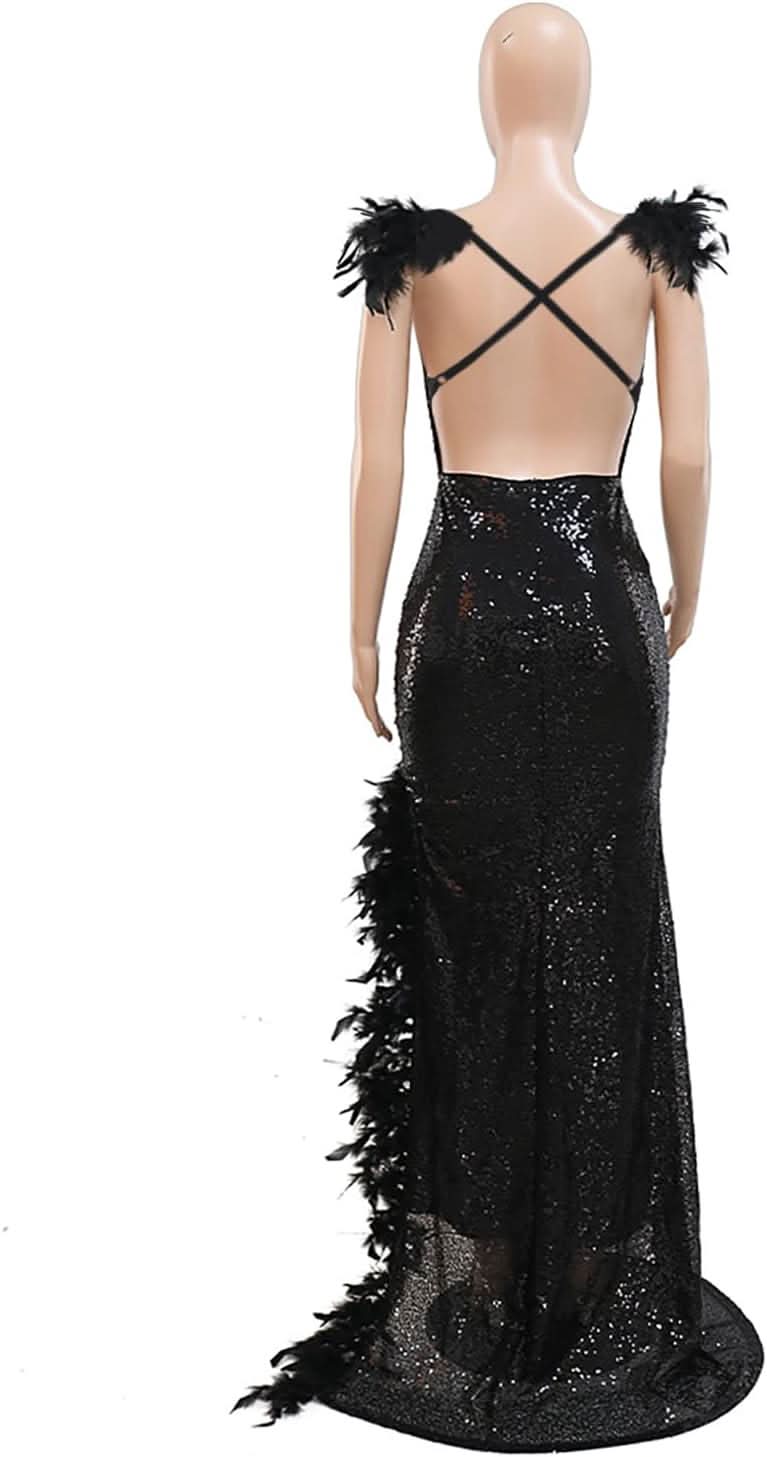 Women's Sexy Sequin Feather Prom Dresses 2025 High Slit Deep V Neck Evening Formal Masquerade Ball Gown Maxi Dress - Bmbride