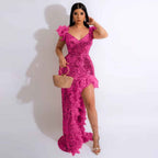 Women's Sexy Sequin Feather Prom Dresses 2025 High Slit Deep V Neck Evening Formal Masquerade Ball Gown Maxi Dress - Bmbride