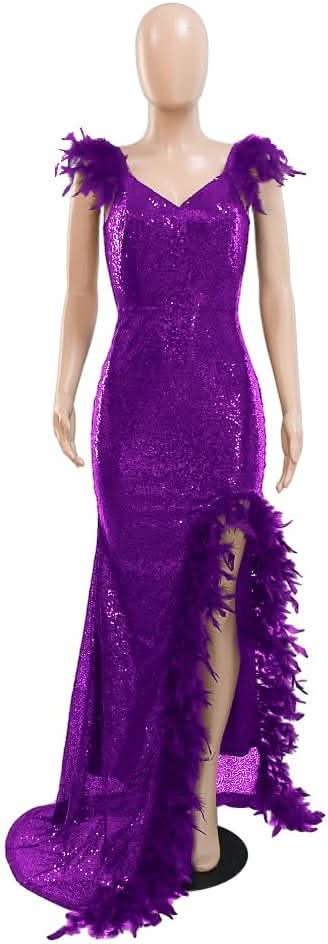 Women's Sexy Sequin Feather Prom Dresses 2025 High Slit Deep V Neck Evening Formal Masquerade Ball Gown Maxi Dress - Bmbride