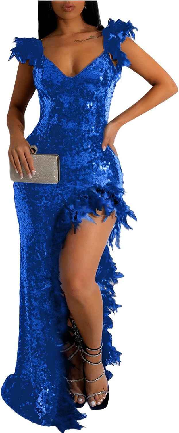 Women's Sexy Sequin Feather Prom Dresses 2025 High Slit Deep V Neck Evening Formal Masquerade Ball Gown Maxi Dress - Bmbride