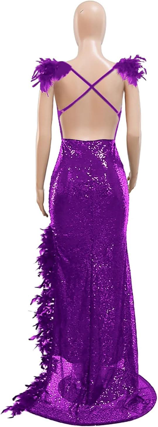 Women's Sexy Sequin Feather Prom Dresses 2025 High Slit Deep V Neck Evening Formal Masquerade Ball Gown Maxi Dress - Bmbride