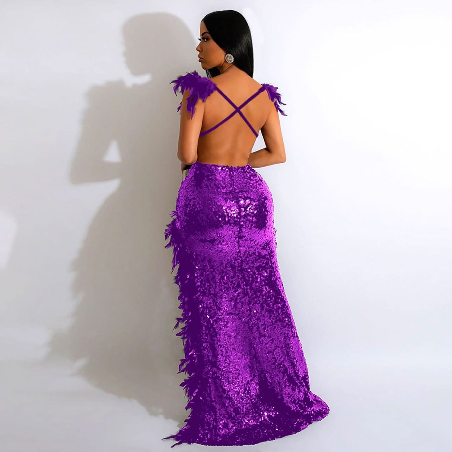 Women's Sexy Sequin Feather Prom Dresses 2025 High Slit Deep V Neck Evening Formal Masquerade Ball Gown Maxi Dress - Bmbride