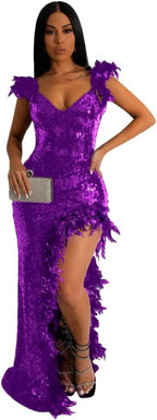 Women's Sexy Sequin Feather Prom Dresses 2025 High Slit Deep V Neck Evening Formal Masquerade Ball Gown Maxi Dress - Bmbride