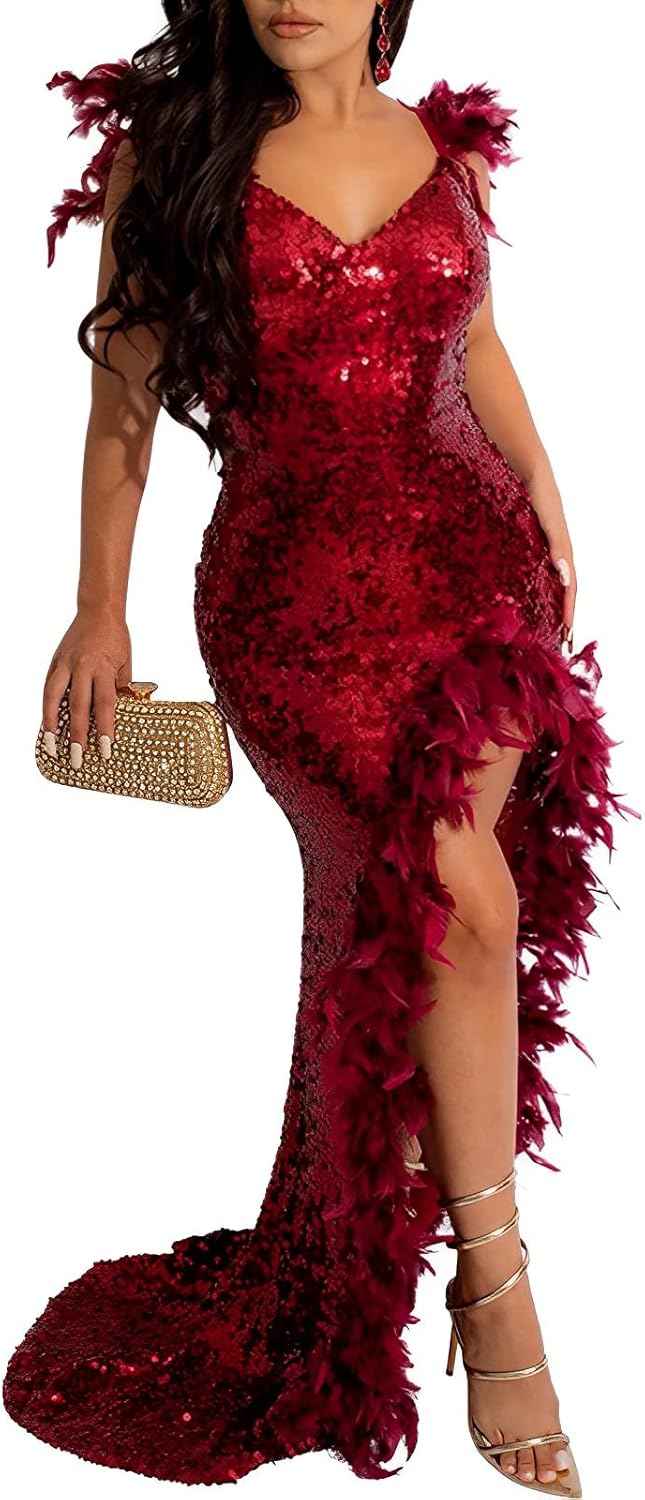 Women's Sexy Sequin Feather Prom Dresses 2025 High Slit Deep V Neck Evening Formal Masquerade Ball Gown Maxi Dress - Bmbride