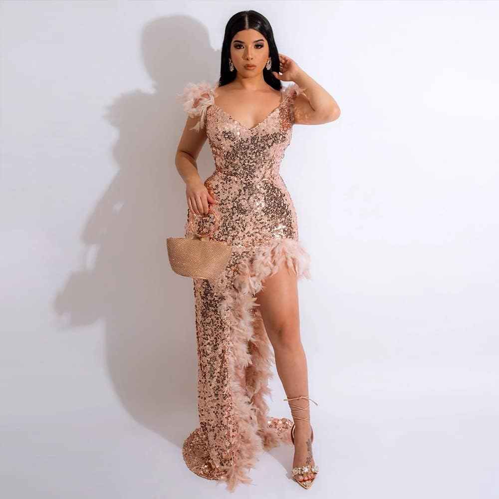 Women's Sexy Sequin Feather Prom Dresses 2025 High Slit Deep V Neck Evening Formal Masquerade Ball Gown Maxi Dress - Bmbride