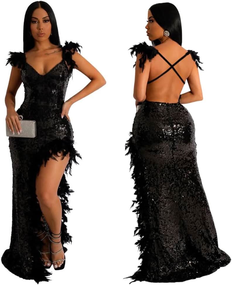 Women's Sexy Sequin Feather Prom Dresses 2025 High Slit Deep V Neck Evening Formal Masquerade Ball Gown Maxi Dress - Bmbride