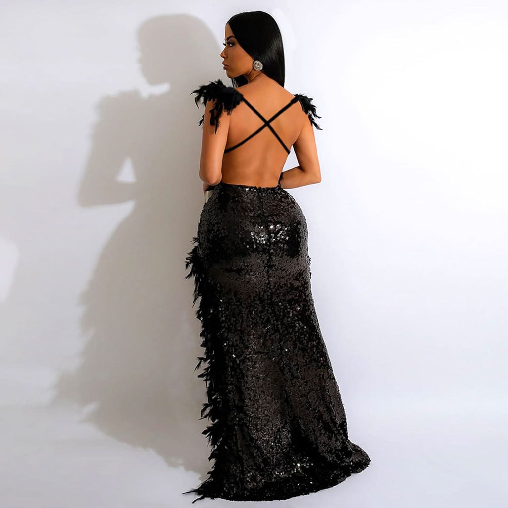 Women's Sexy Sequin Feather Prom Dresses 2025 High Slit Deep V Neck Evening Formal Masquerade Ball Gown Maxi Dress - Bmbride