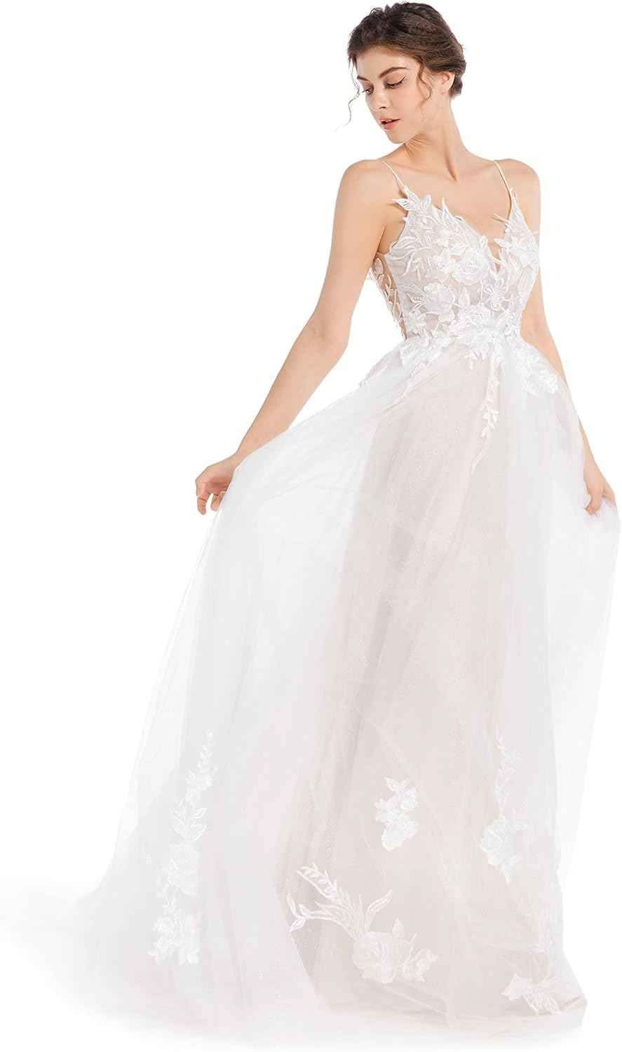 Women's Wedding Dresses Appliques Boho Beach Sexy Spaghetti Straps Lace Bridal Gowns Open Back - Bmbride