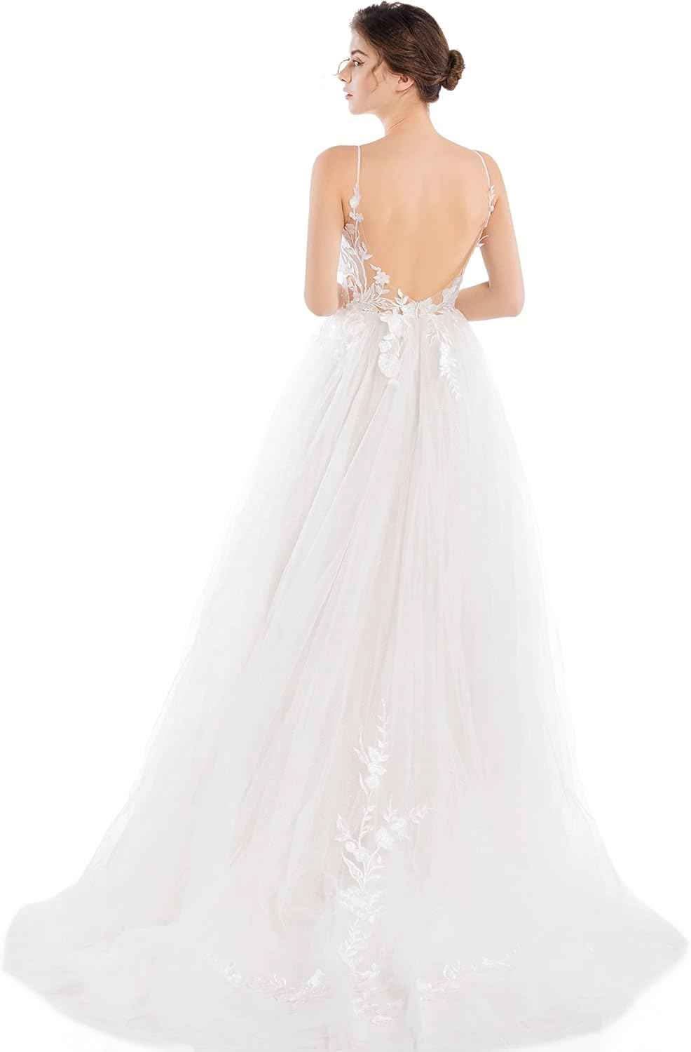 Women's Wedding Dresses Appliques Boho Beach Sexy Spaghetti Straps Lace Bridal Gowns Open Back - Bmbride