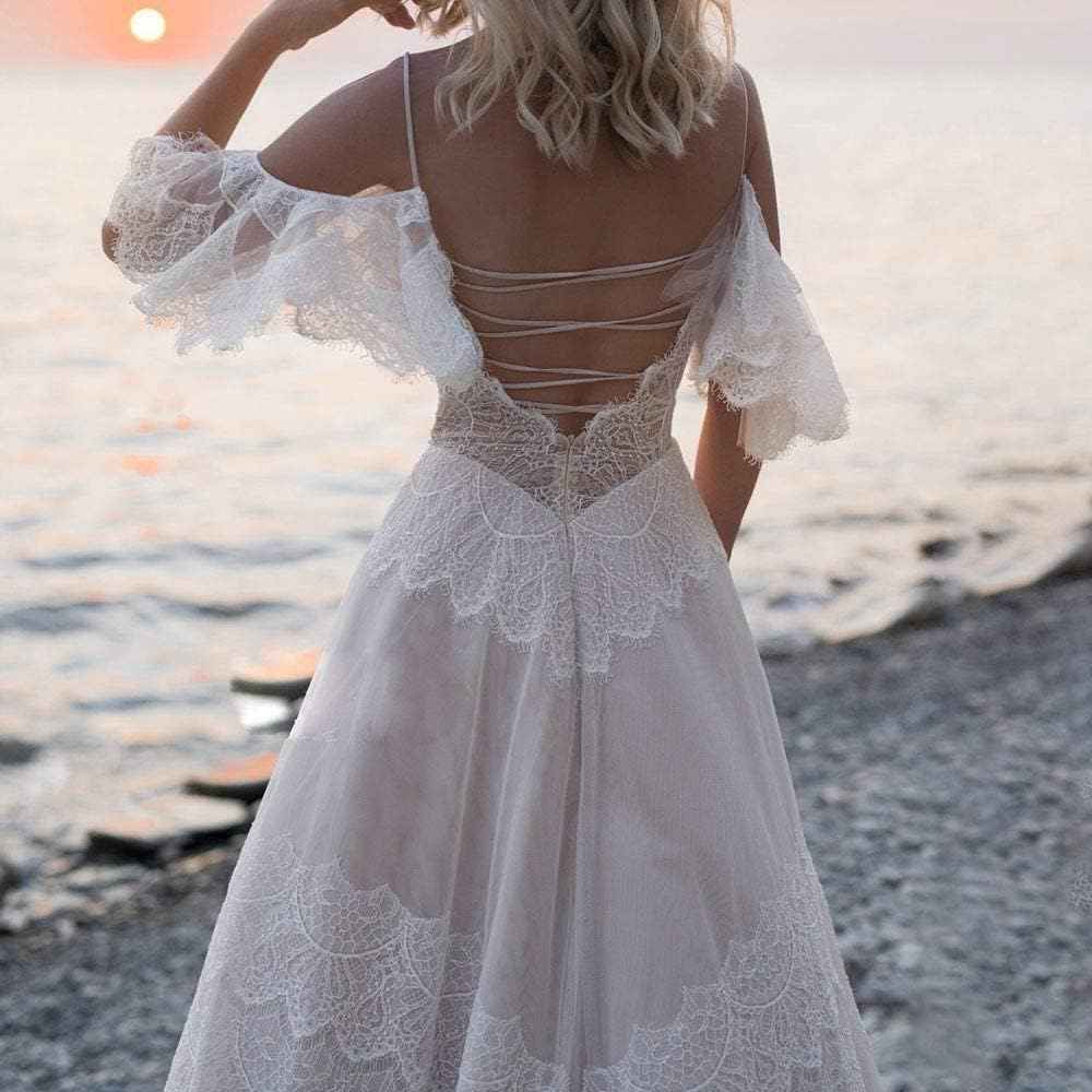 Women's Wedding Dresses Chic Lace Evening Dresses V Neck Ruffle Sleeves Beachy Boho Outdoorsy Wedding Gowns - Bmbride