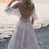 Women's Wedding Dresses Chic Lace Evening Dresses V Neck Ruffle Sleeves Beachy Boho Outdoorsy Wedding Gowns - Bmbride