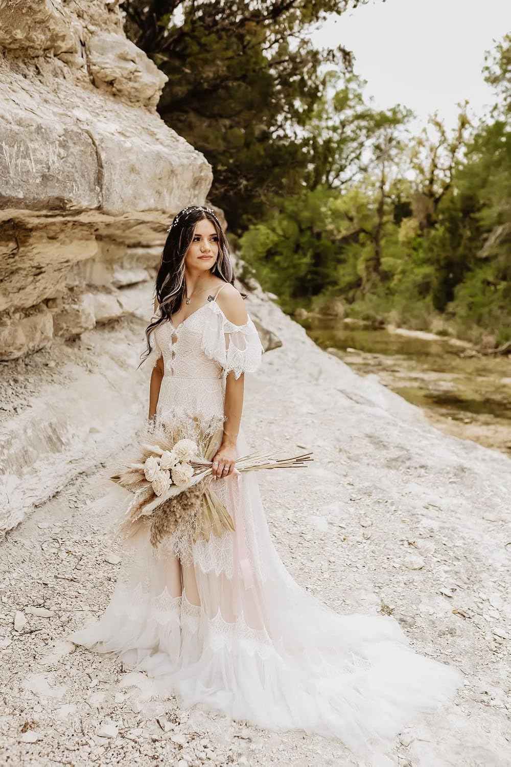 Women's Wedding Dresses Chic Lace Evening Dresses V Neck Ruffle Sleeves Beachy Boho Outdoorsy Wedding Gowns - Bmbride