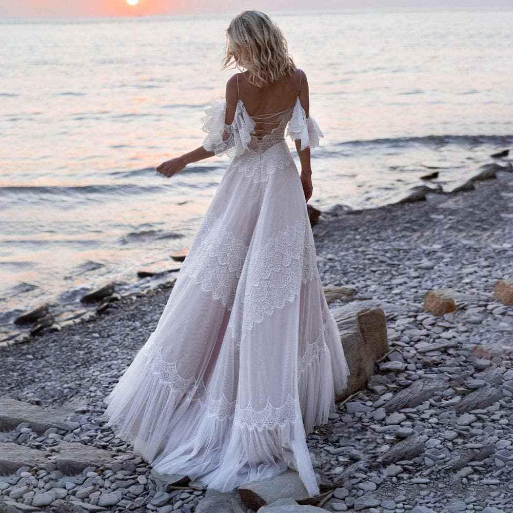 Women's Wedding Dresses Chic Lace Evening Dresses V Neck Ruffle Sleeves Beachy Boho Outdoorsy Wedding Gowns - Bmbride