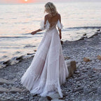 Women's Wedding Dresses Chic Lace Evening Dresses V Neck Ruffle Sleeves Beachy Boho Outdoorsy Wedding Gowns - Bmbride