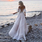 Women's Wedding Dresses Chic Lace Evening Dresses V Neck Ruffle Sleeves Beachy Boho Outdoorsy Wedding Gowns - Bmbride