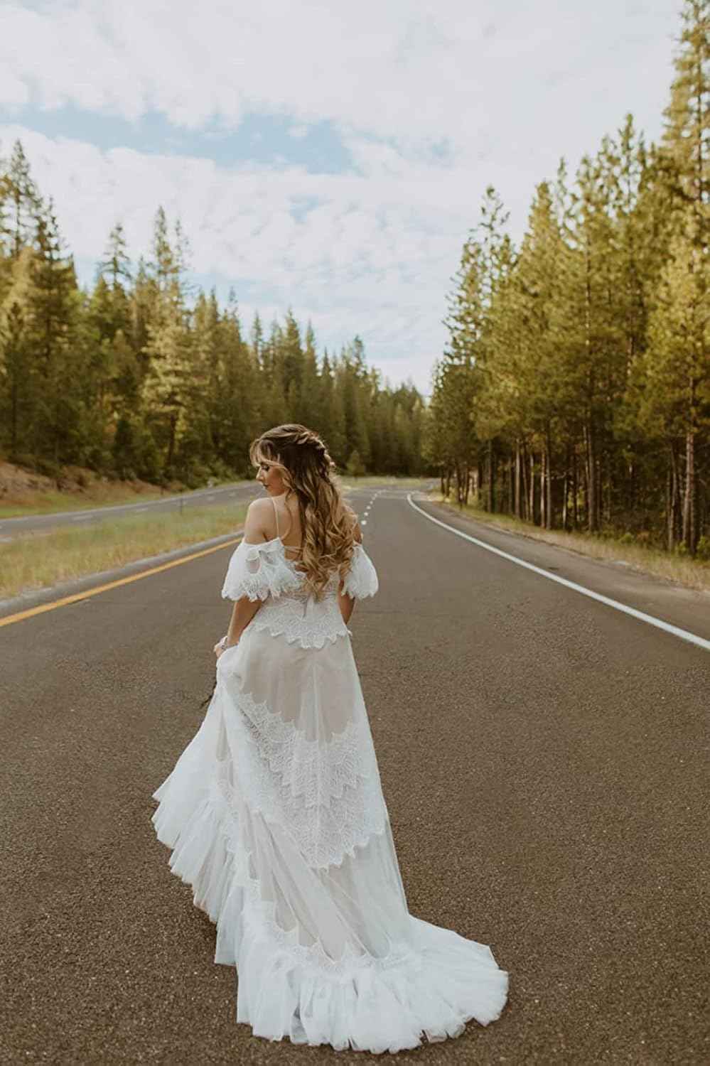 Women's Wedding Dresses Chic Lace Evening Dresses V Neck Ruffle Sleeves Beachy Boho Outdoorsy Wedding Gowns - Bmbride