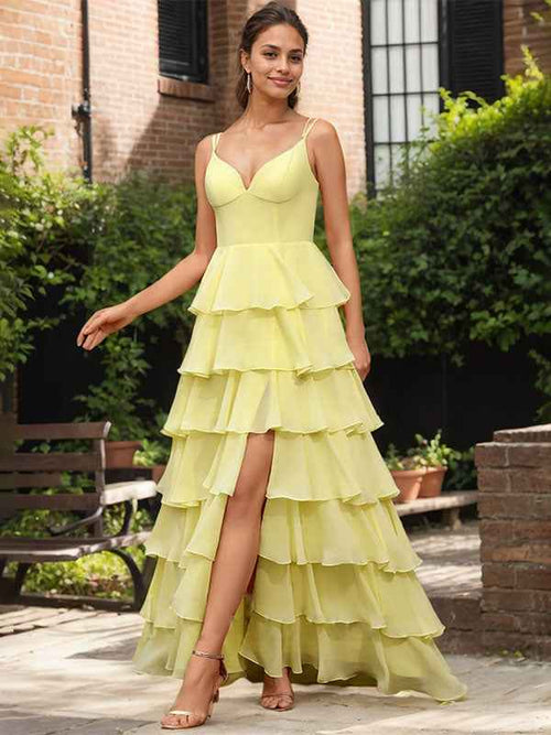 Yellow A Line V-Neck Ruffled Tiered Chiffon Prom Dress with Slit BMBRIDE