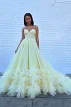 Lovely Red Tulle Appliques Sweetheart Ruffle Long Prom Dress BM bride