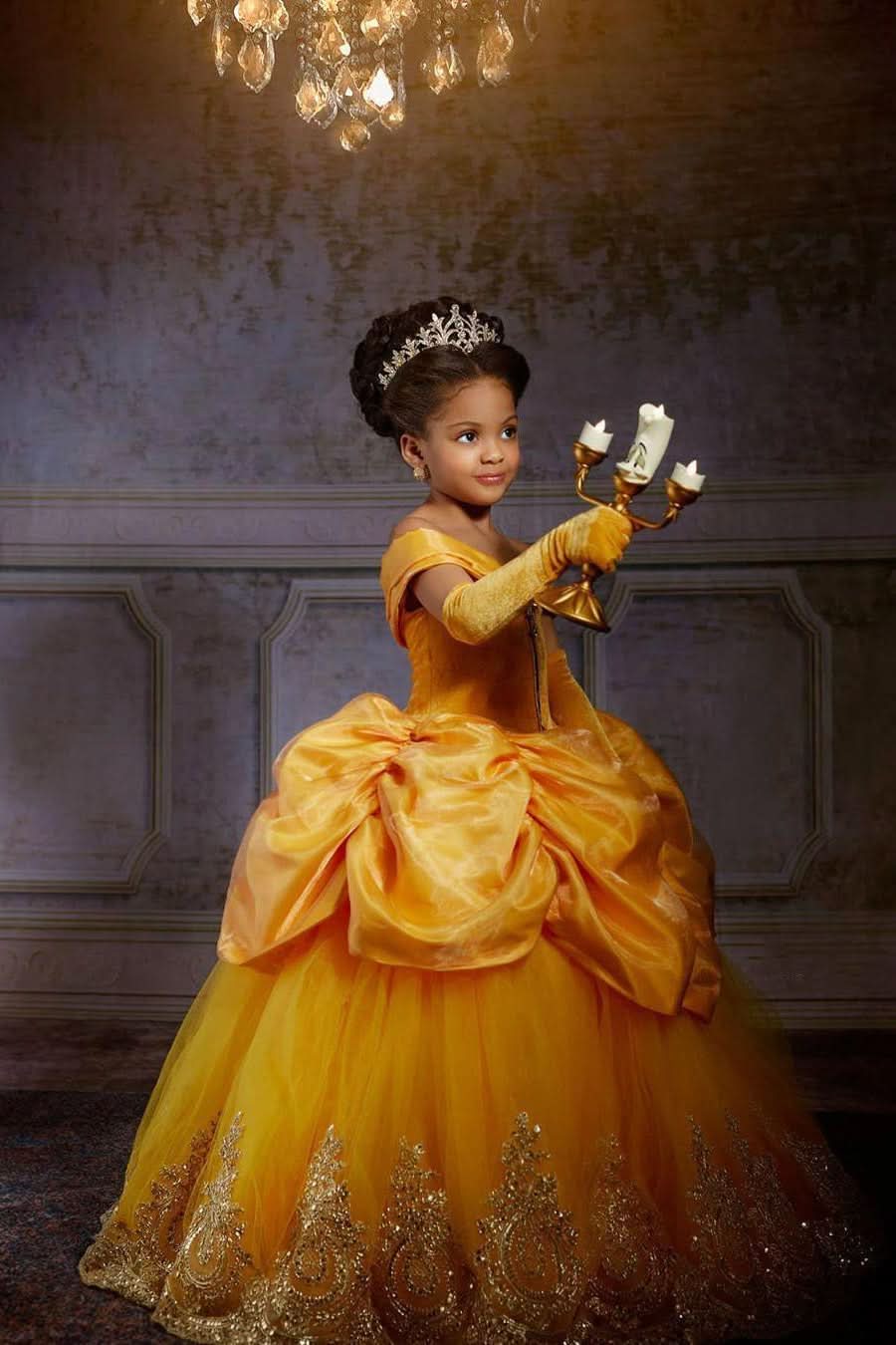 BMbride Yellow Princess Girl Dress With Lace Off-the-Shoulder Velvet Tulle Pegant Dress for Kids BMbride