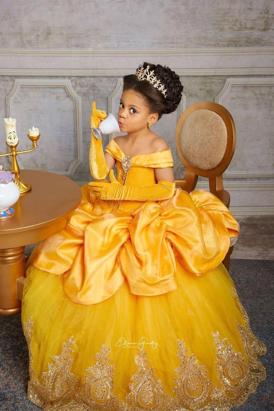 BMbride Yellow Princess Girl Dress With Lace Off-the-Shoulder Velvet Tulle Pegant Dress for Kids BMbride
